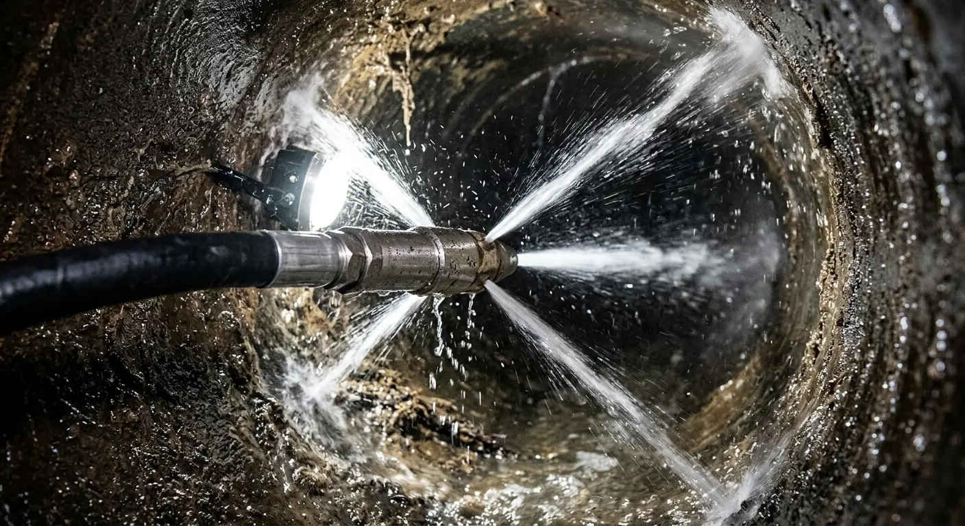 High-pressure hydro jetting nozzle cleaning sewer pipe for Storm Drain Cleaning in Silsbee