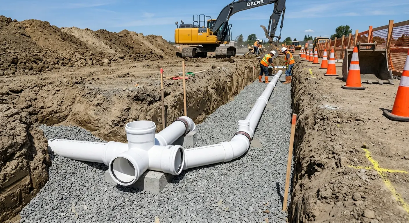 New PVC sewer pipe installation in open trench for Grease Trap Cleaning in Silsbee